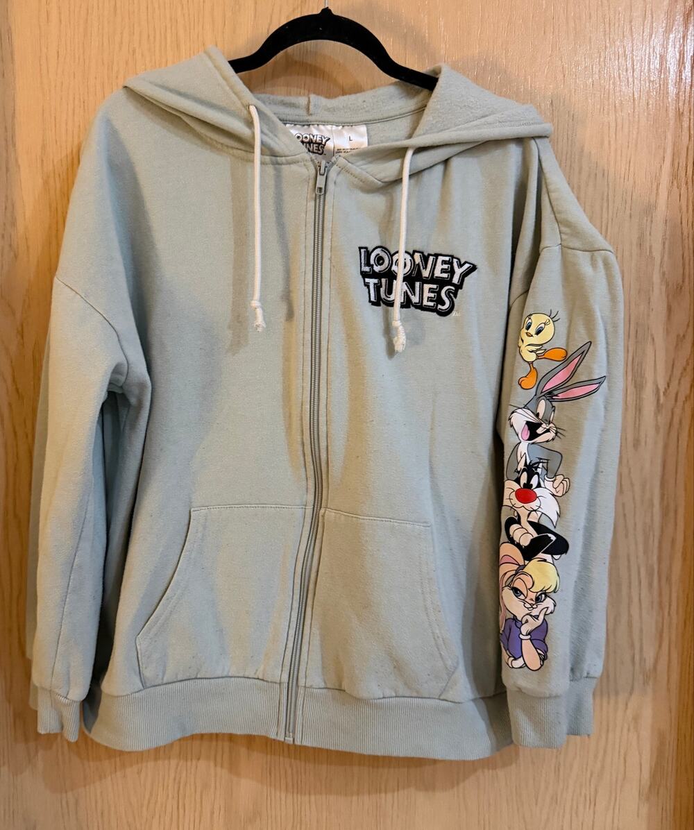 Looney Tunes Character Graphic Full Zip Hoodie Jade Green Size Large